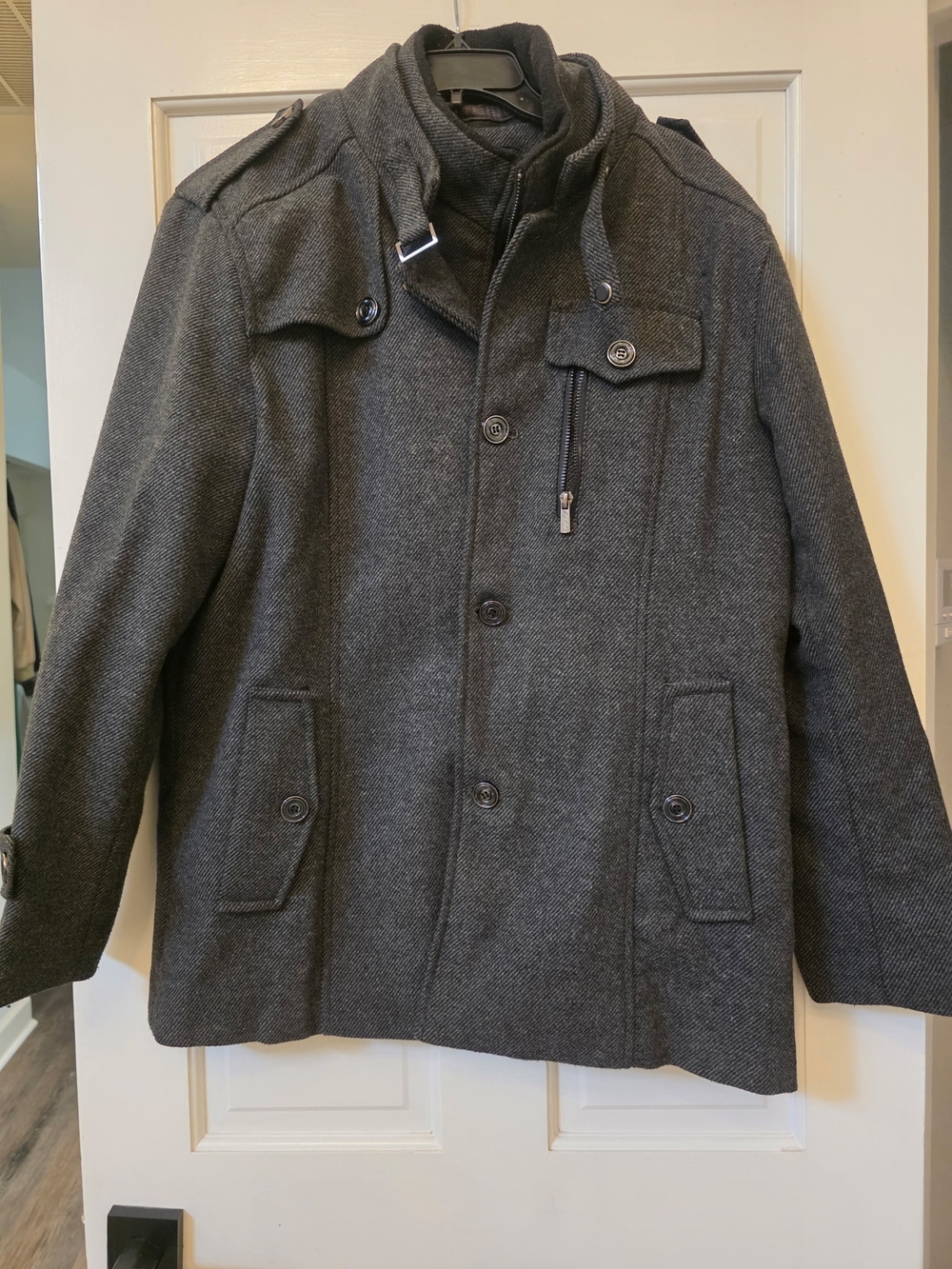 Pea Coat with Zip Chest Pocket, Wool Blend, Men's, Size XL